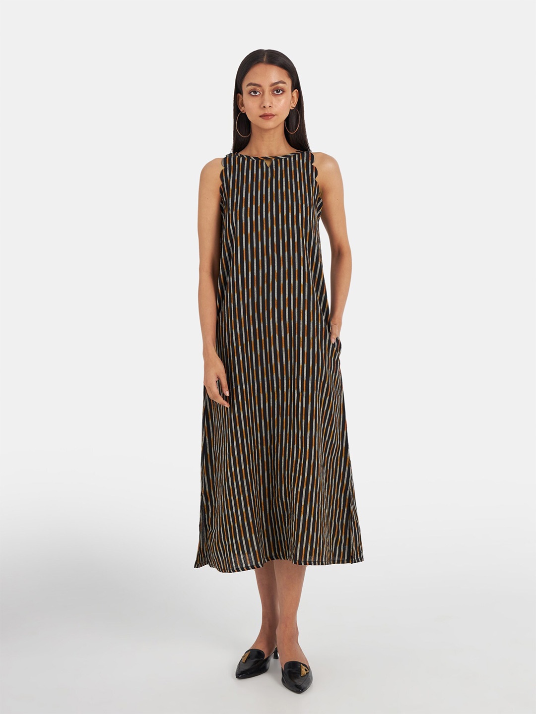 

Suta Women Black & Brown Striped Cotton A-Line Midi Dress