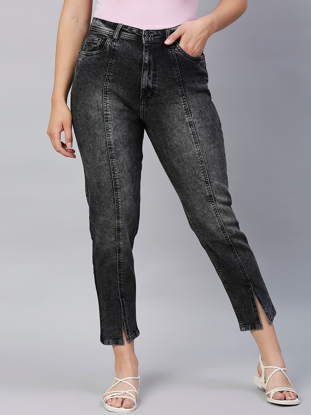 

High Star Women Black High-Rise Heavy Fade Stretchable Jeans