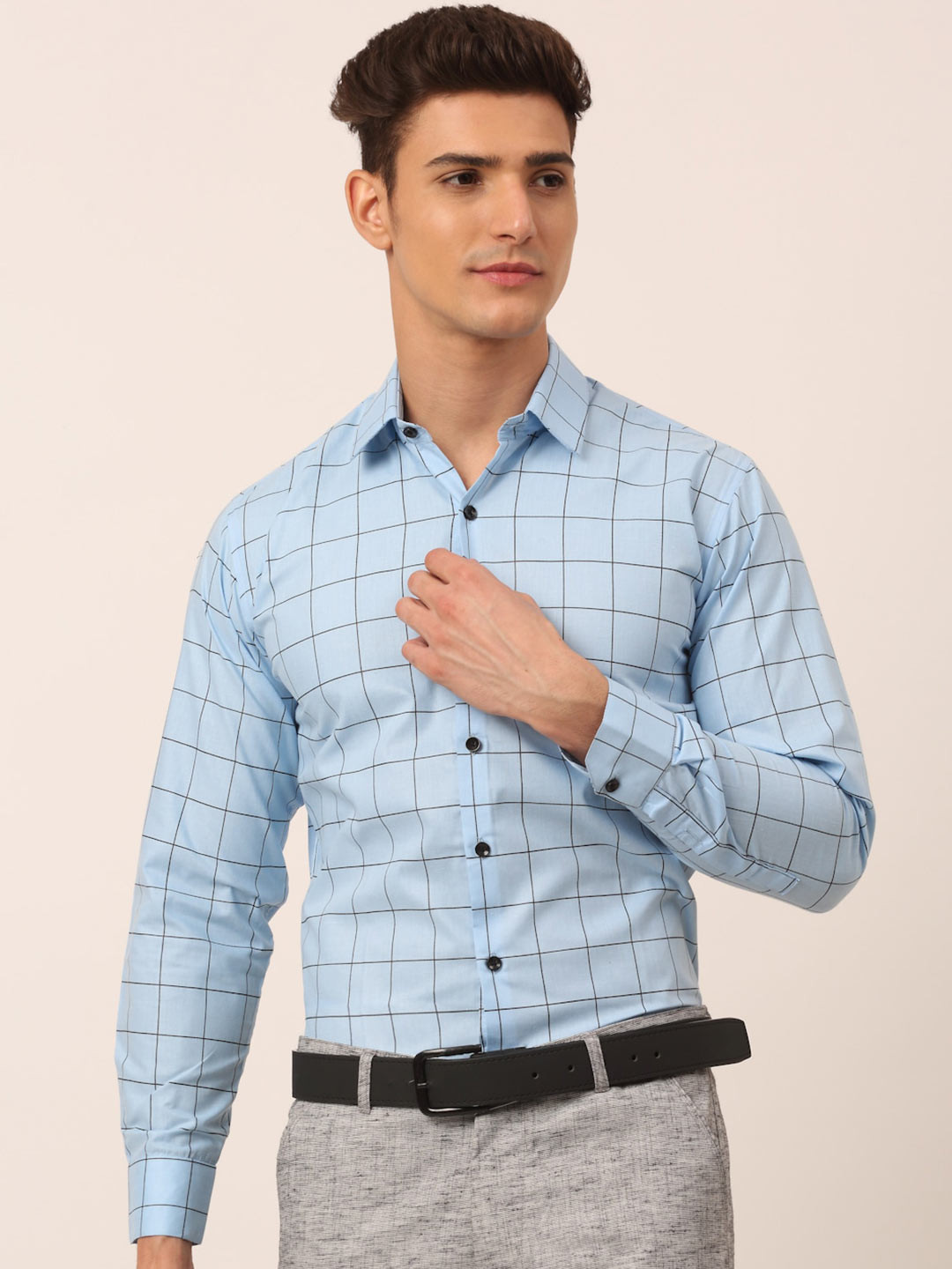 

JAINISH Men Turquoise Blue Standard Checked Formal Shirt
