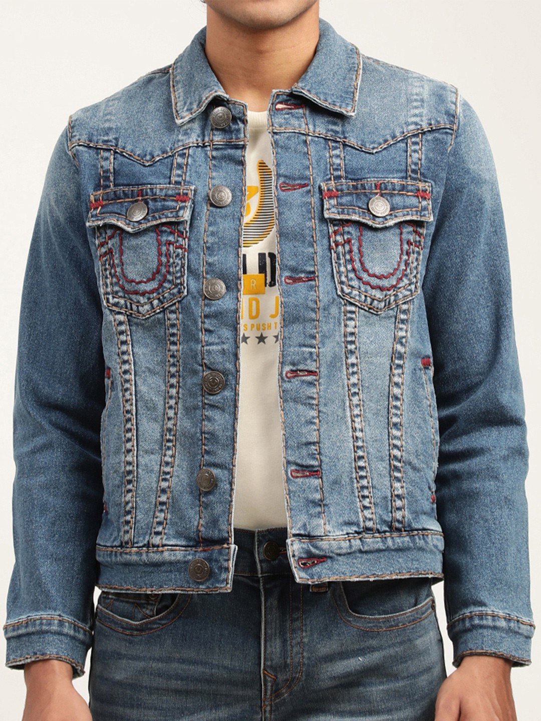 

True Religion Men Blue Washed Lightweight Denim Jacket with Patchwork