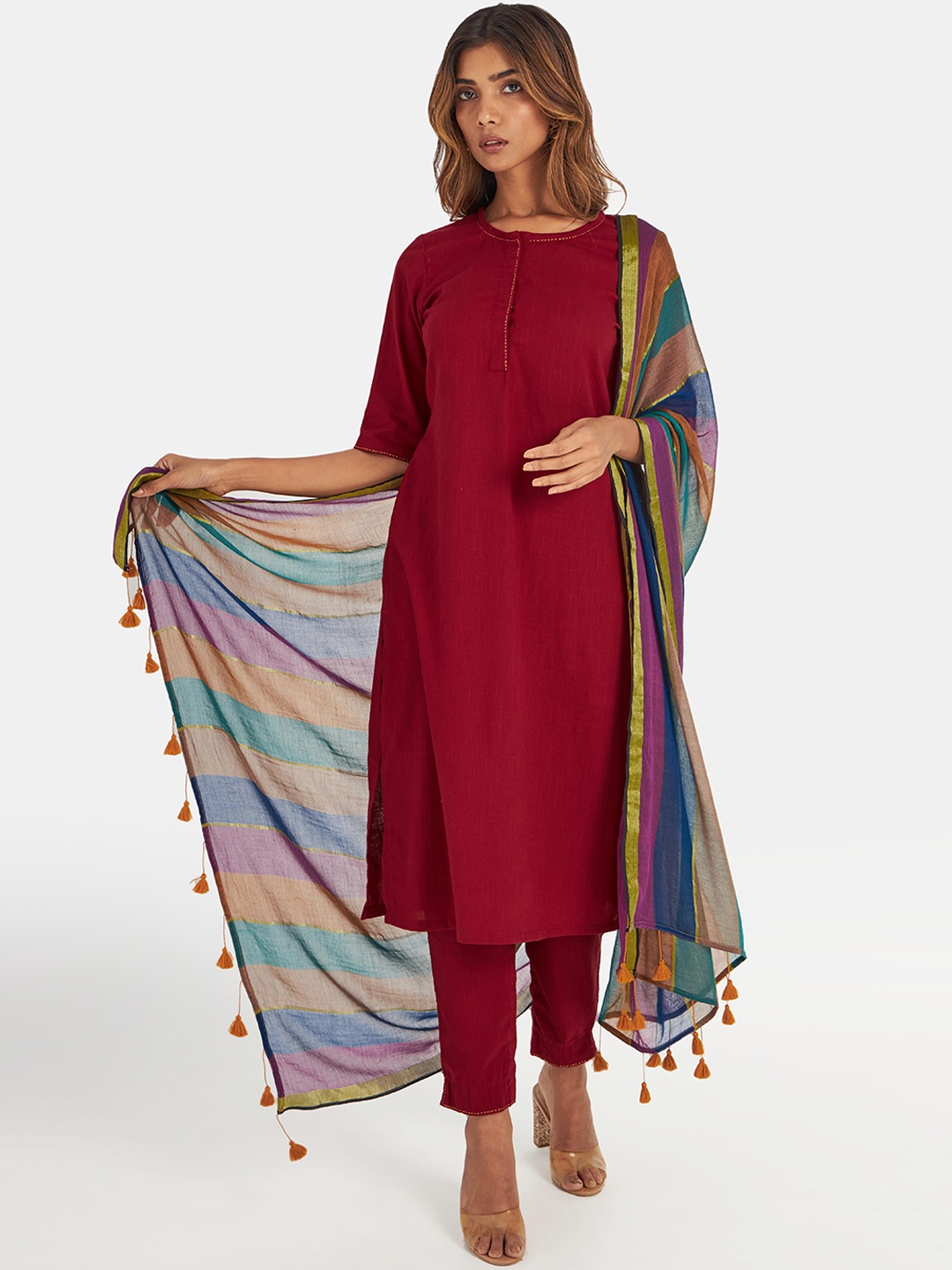 

Suta Women Maroon Pure Cotton Kurta with Trousers & With Dupatta