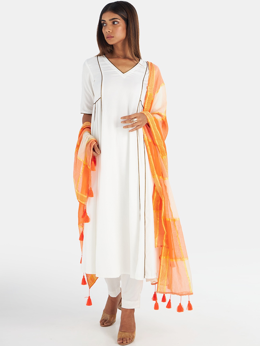 

Suta Women White Kurta with Trousers & Dupatta
