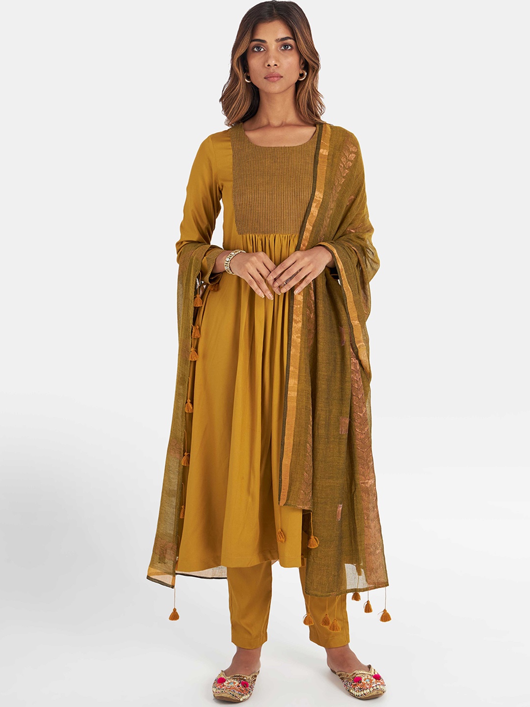 

Suta Women Gold Viscose Rayon Yoke Design Kurta Set With Dupatta