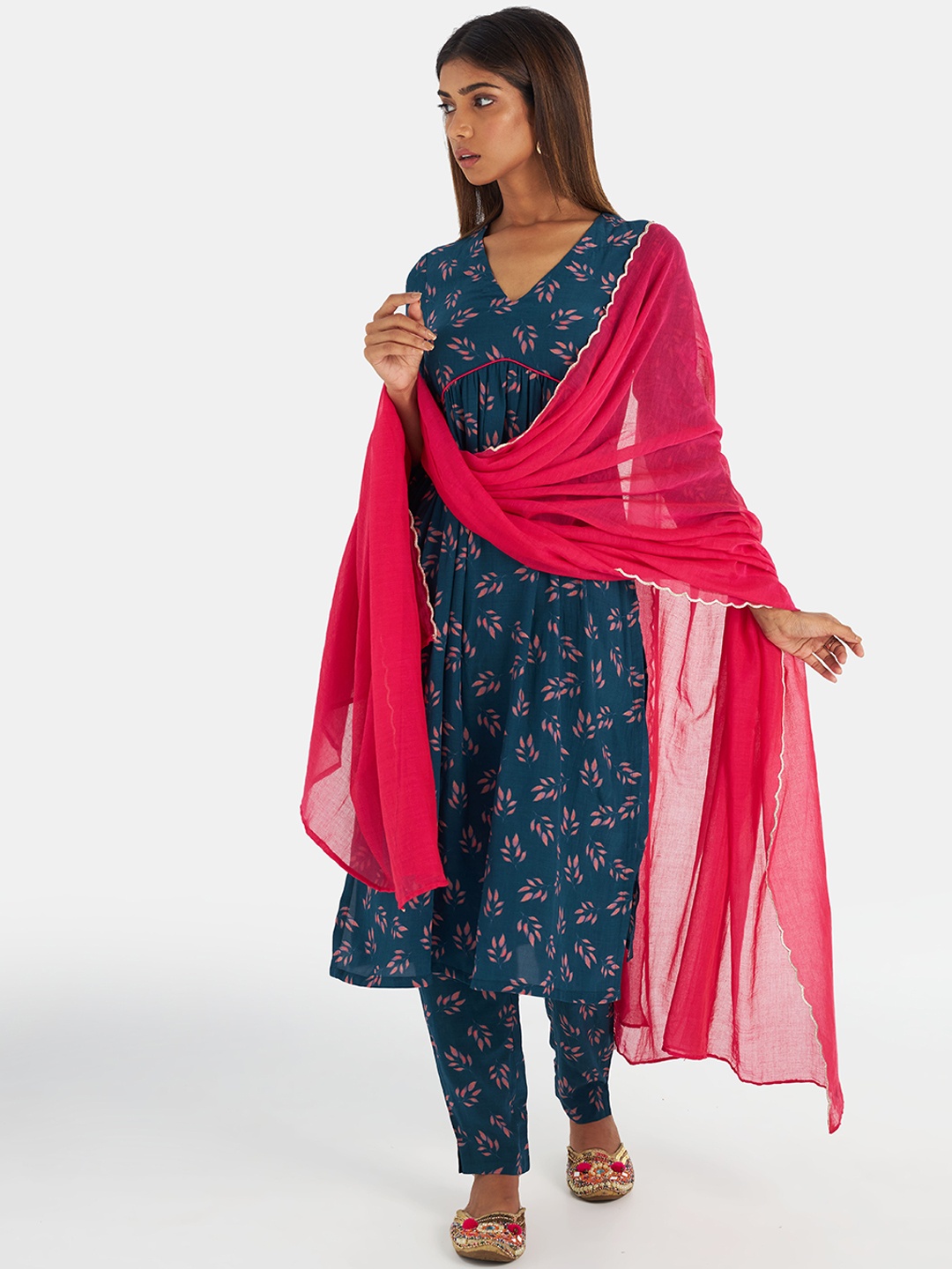 

Suta Women Blue Ethnic Motifs Pleated Liva Kurta with Churidar & With Dupatta