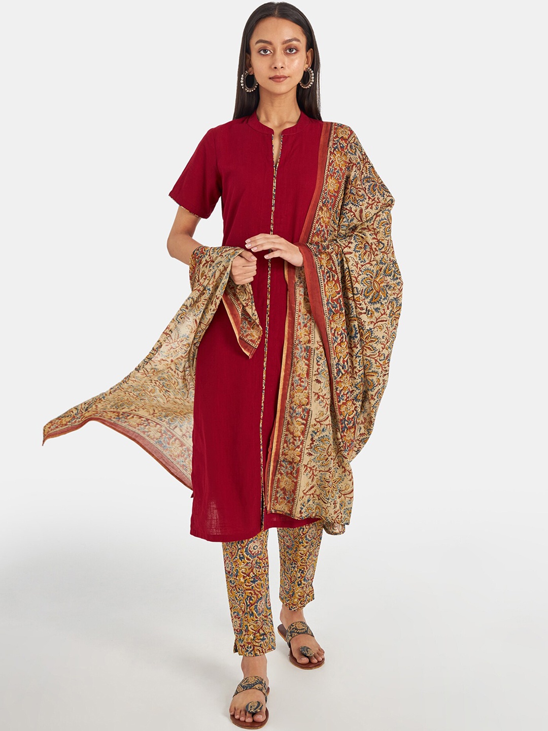 

Suta Women Maroon Pure Cotton Kurta with Trousers & With Dupatta