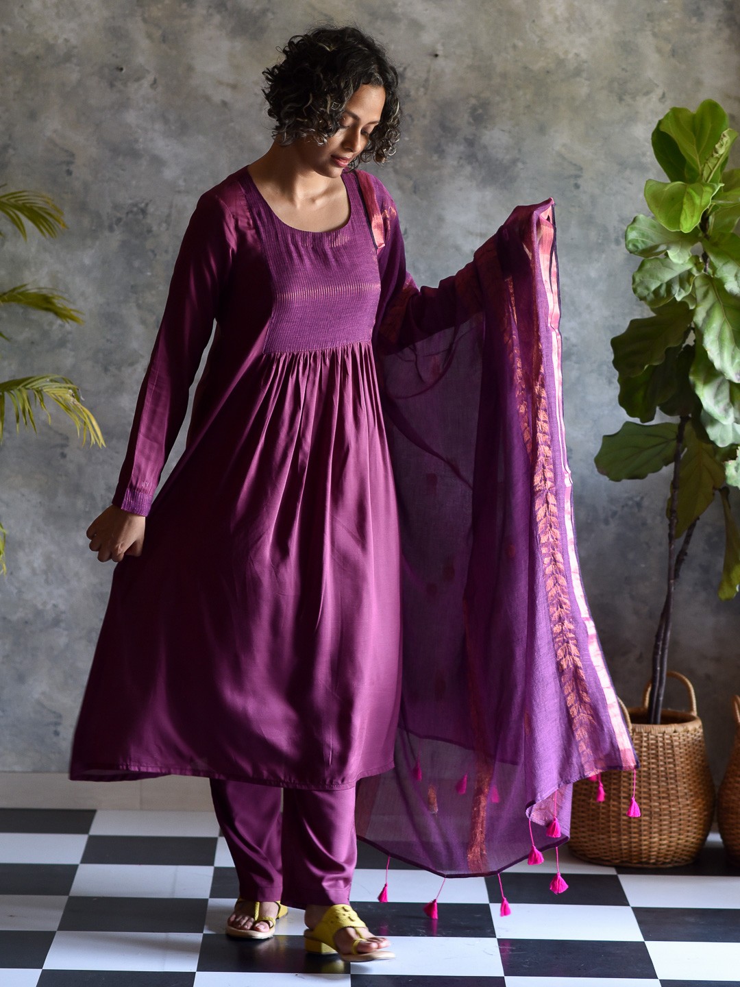 

Suta Women Purple Striped Kurta with Trousers & Dupatta