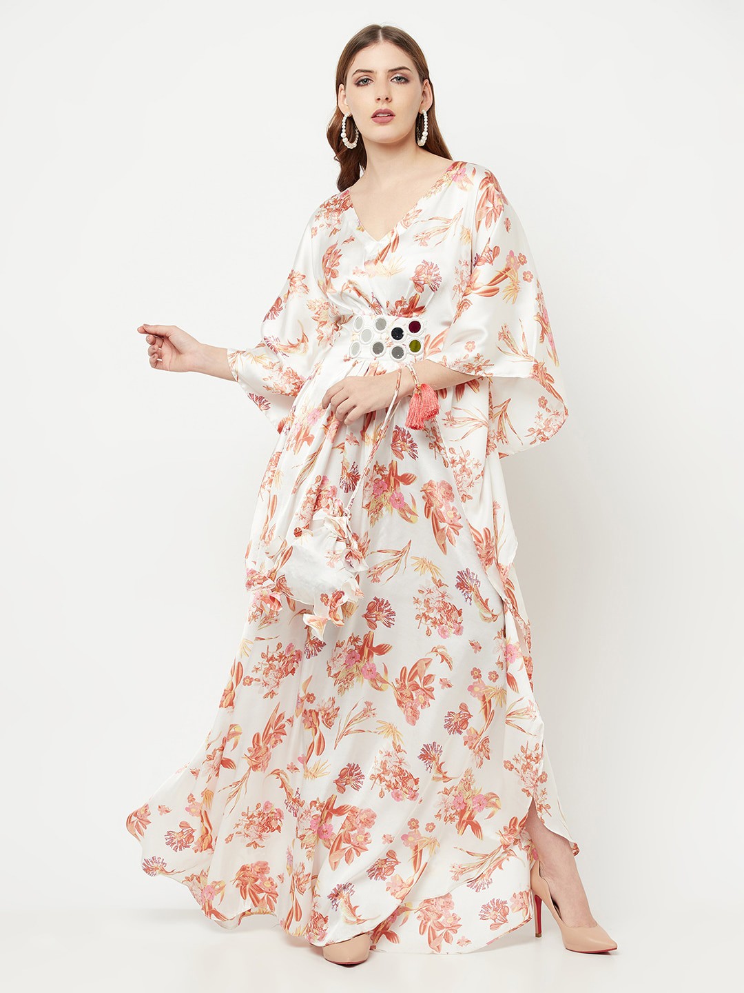 

THE SILHOUETTE STORE Women Off White Floral Satin Maxi Dress