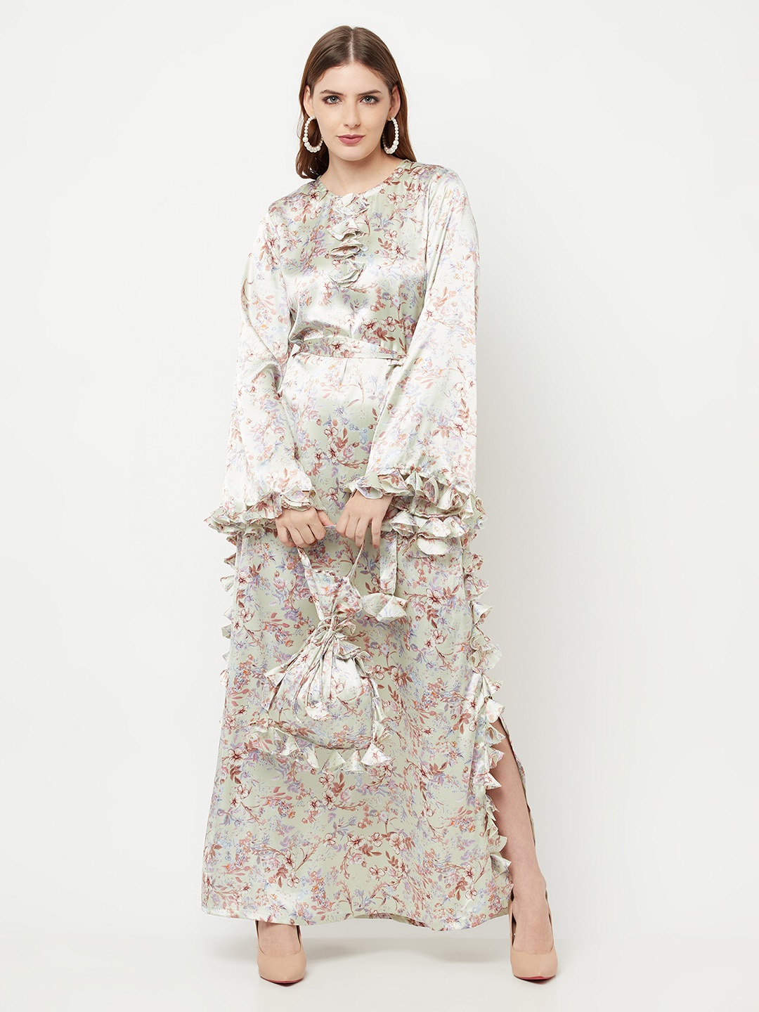

THE SILHOUETTE STORE Sea Green & Pink Floral Ruffled Satin Maxi Dress