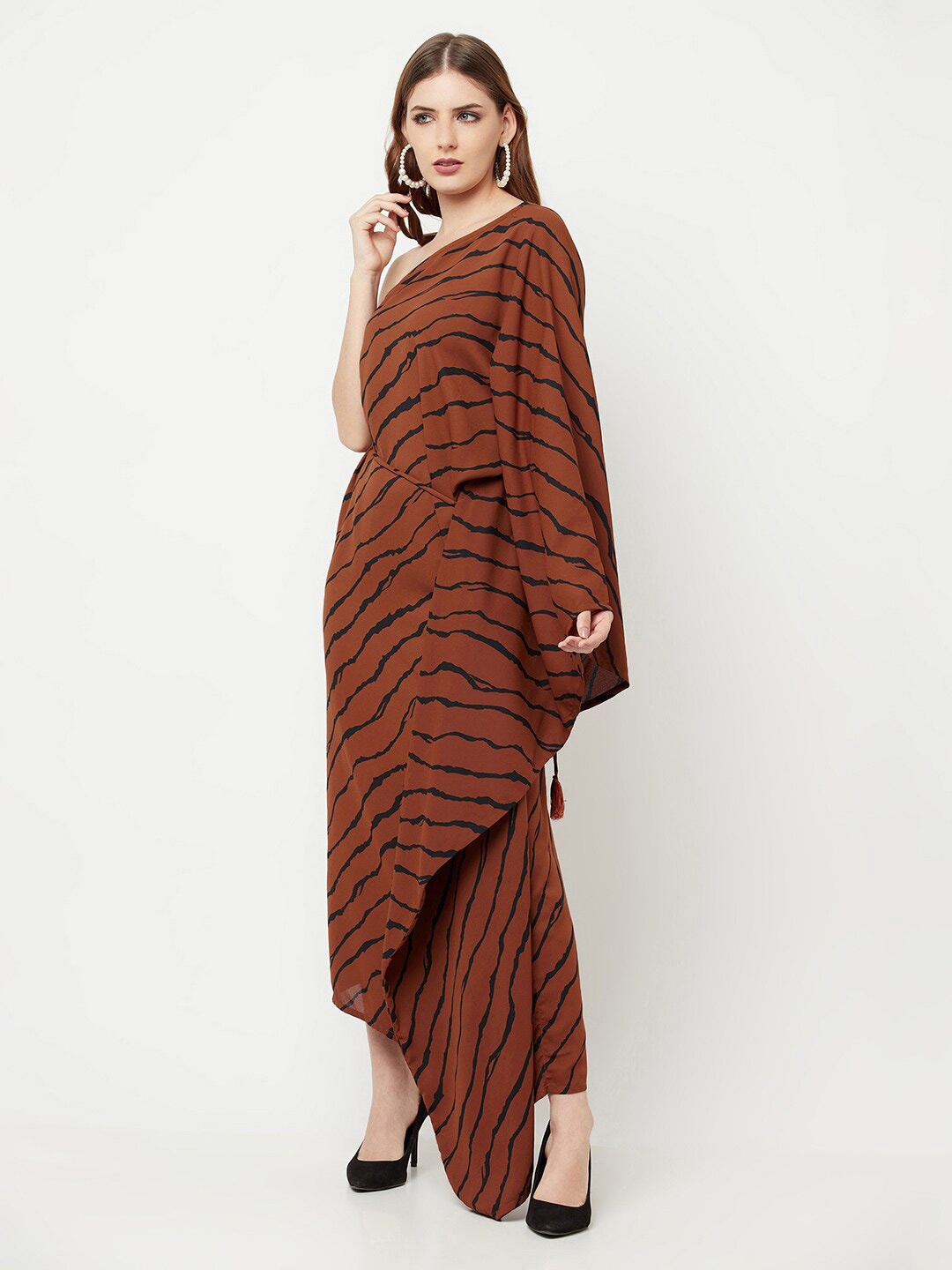 

THE SILHOUETTE STORE Coffee Brown Striped Georgette Maxi Dress
