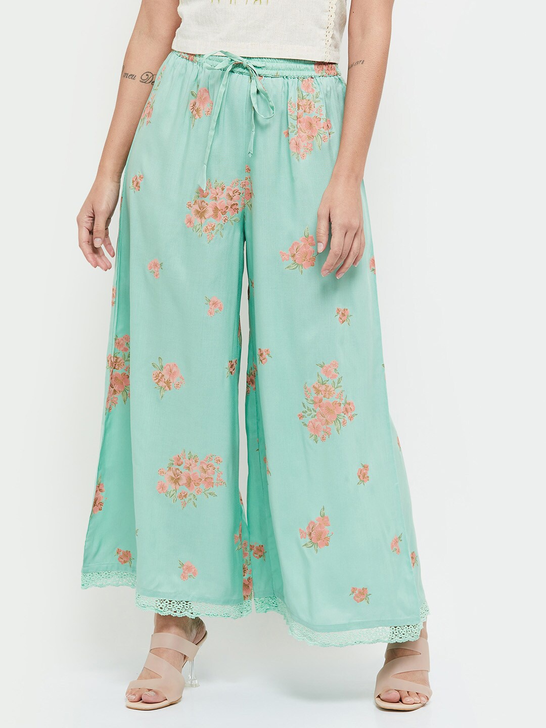 

max Women Sea Green & Pink Floral Printed Knitted Palazzos