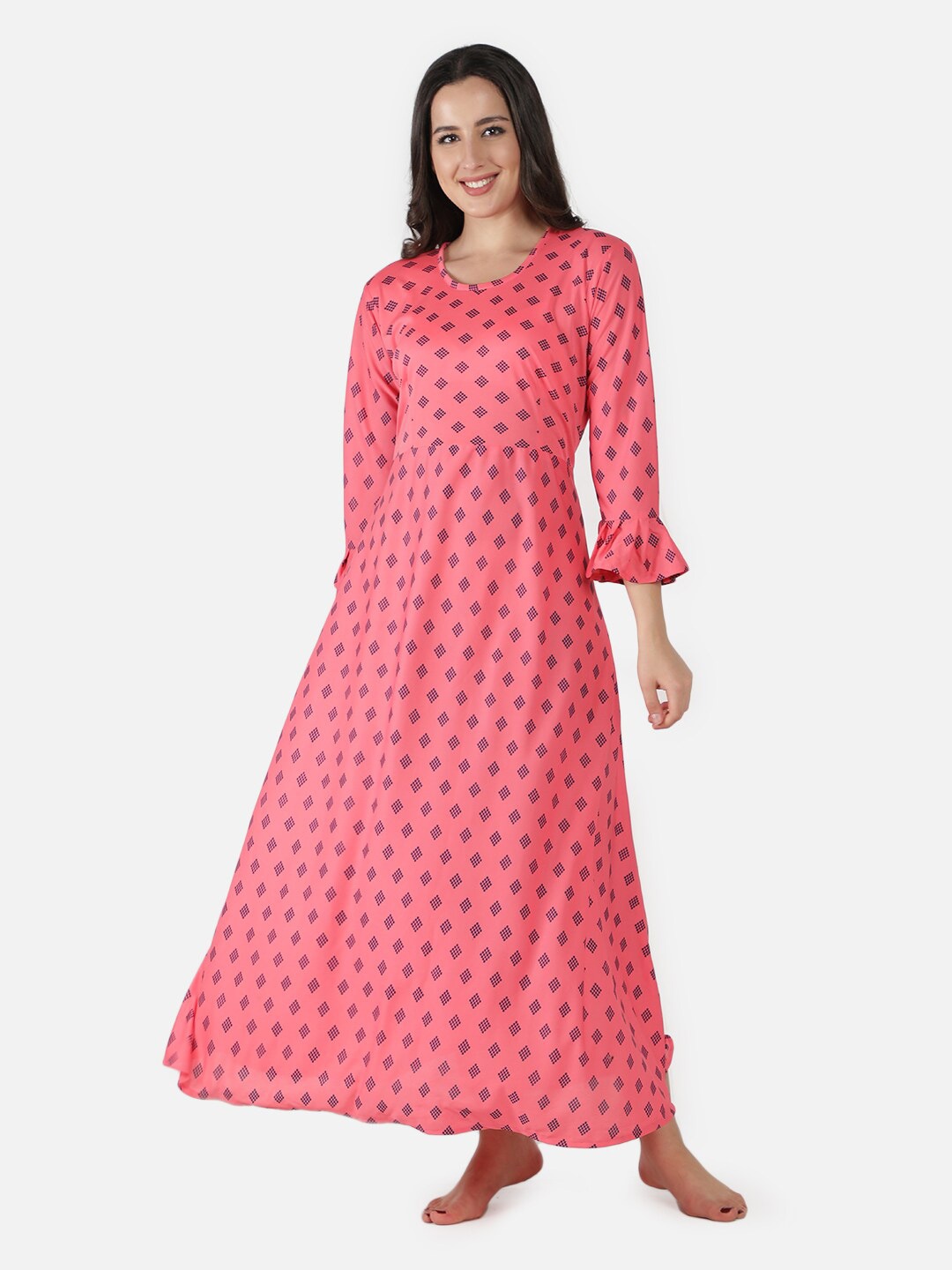 

LacyLook Peach-Coloured Printed Pure Cotton Maxi Nightdress