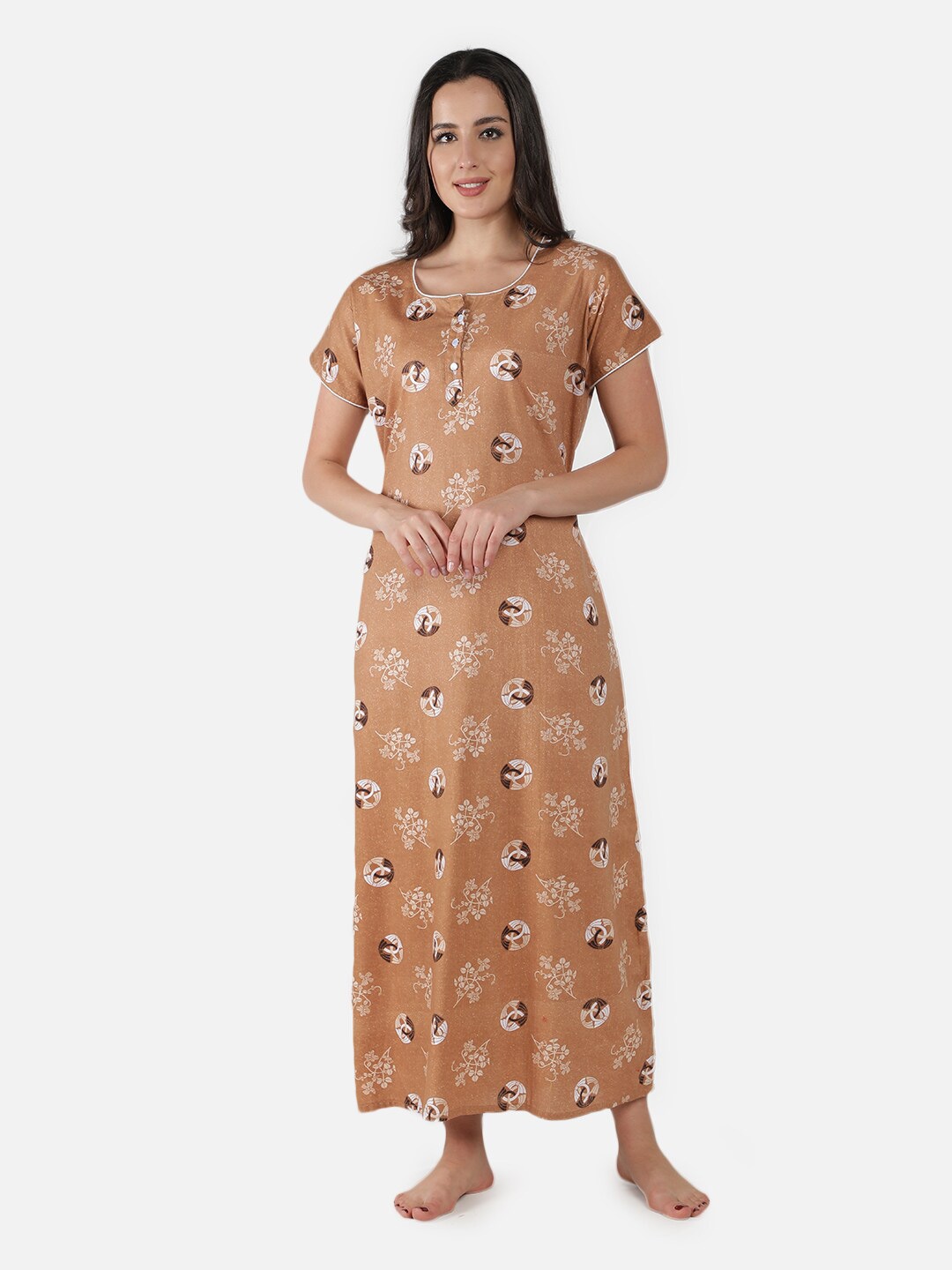 

LacyLook Brown Printed Pure Cotton Maxi Nightdress