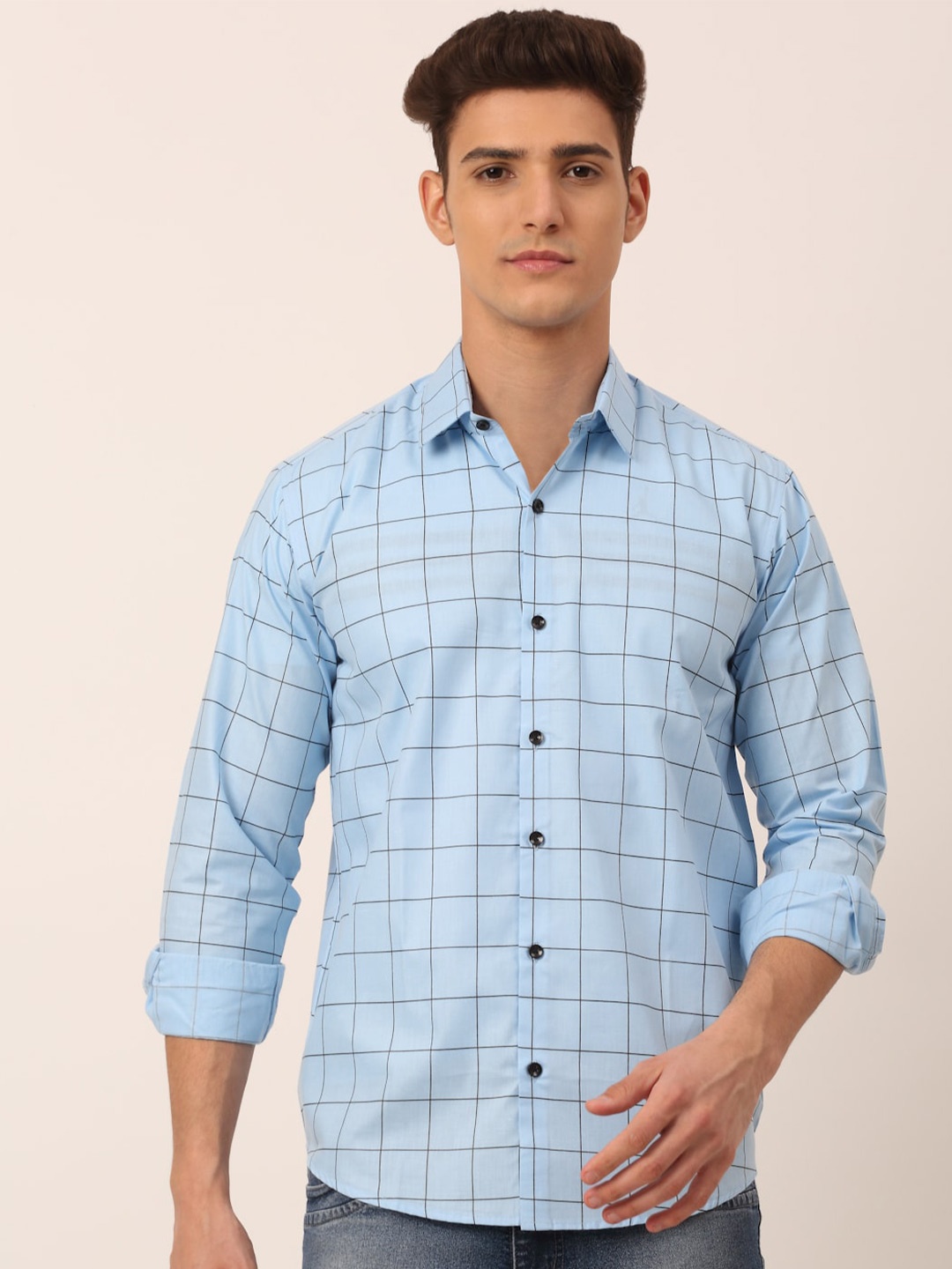 

JAINISH Men Turquoise Blue Standard Windowpane Checked Cotton Casual Shirt