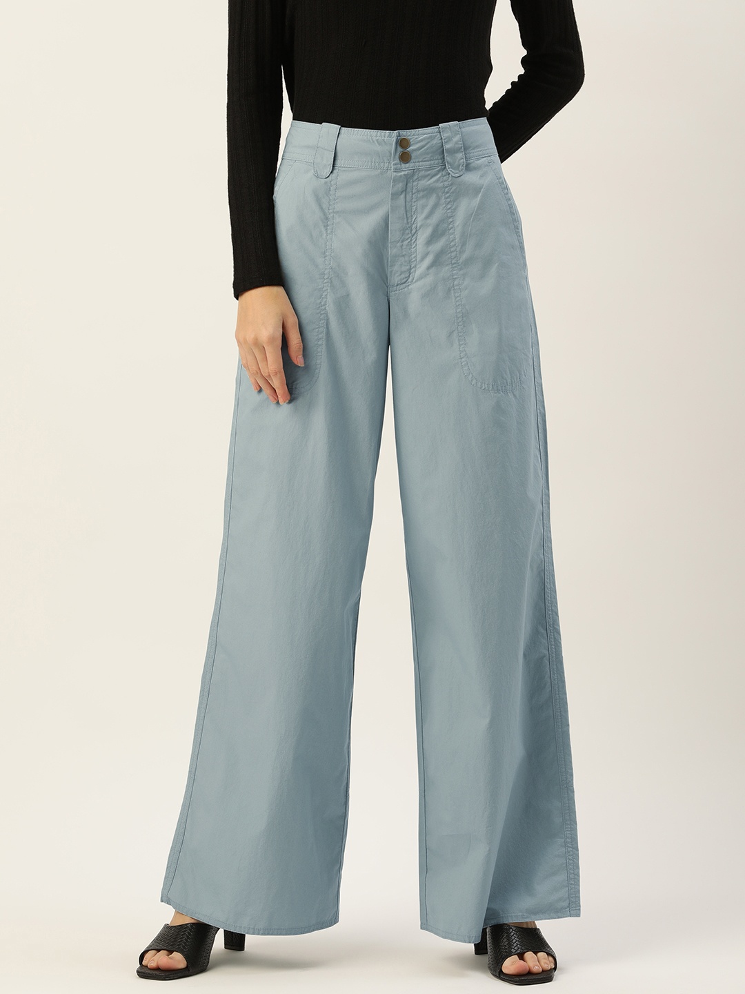 

FOREVER 21 Women Blue Pure Cotton Parallel Trousers