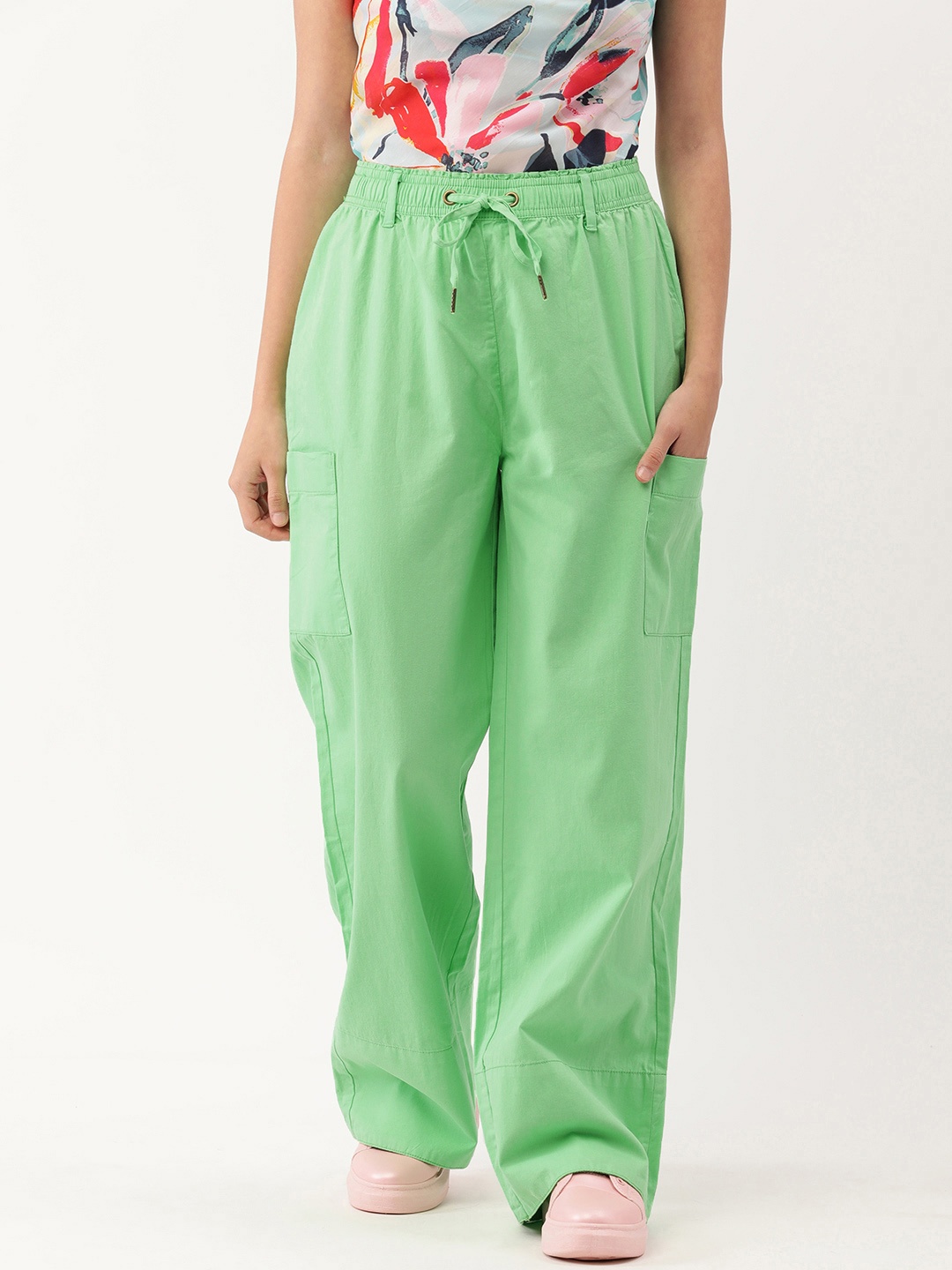 

FOREVER 21 Women Green Pleated Pure Cotton Cargos Trousers