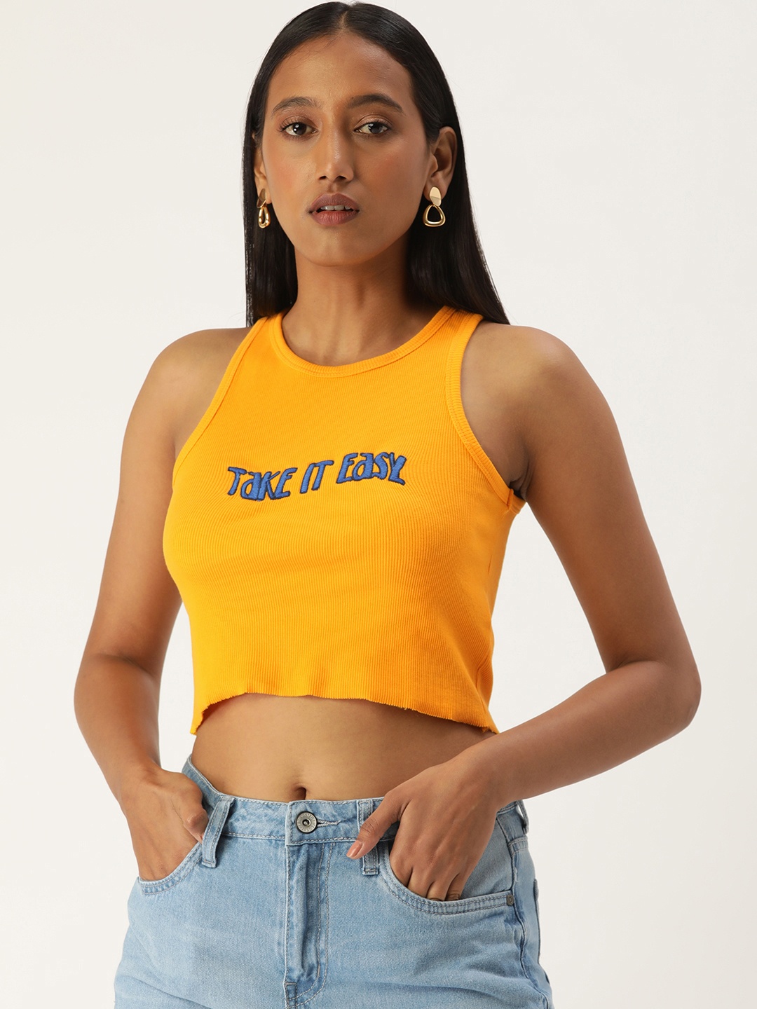 

FOREVER 21 Women Mustard Yellow Embroidered Sleeveless Tank Crop Top