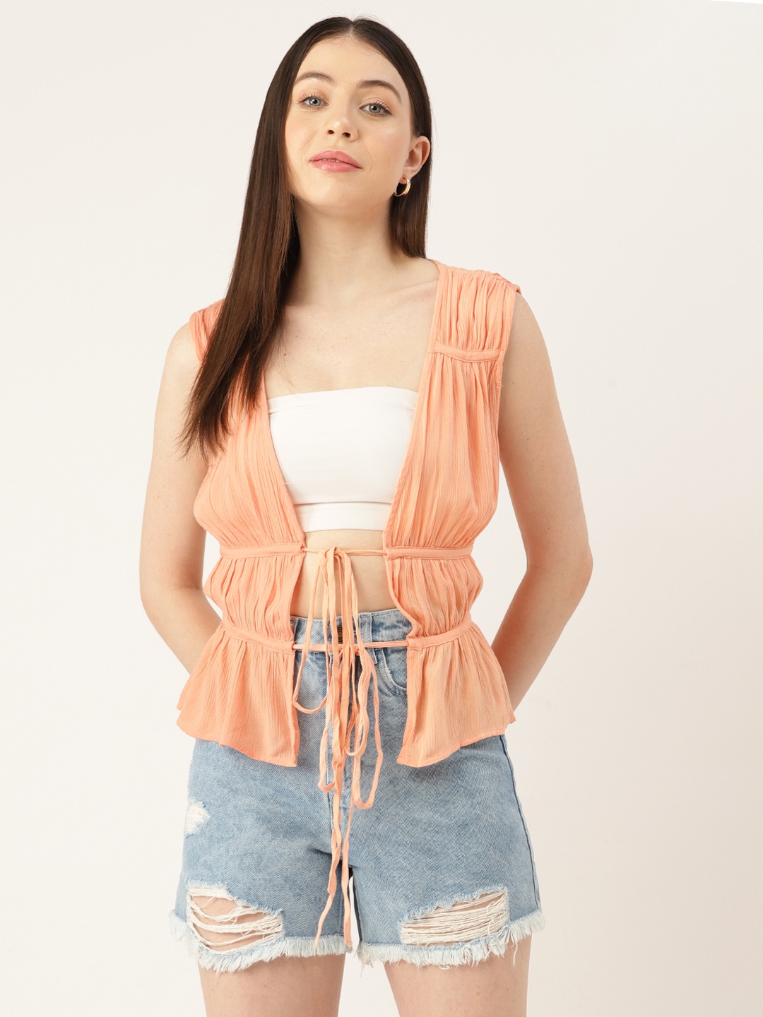 

FOREVER 21 Open Front Tie-Up Crinkled Top, Peach