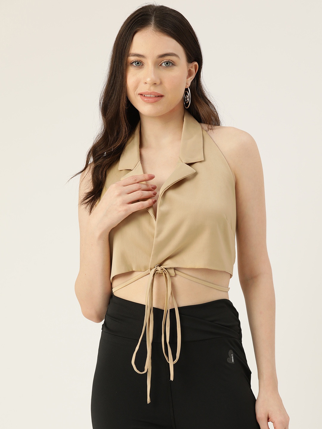 

FOREVER 21 Halter Neck Styled Back Tie-Up Crop Top, Beige