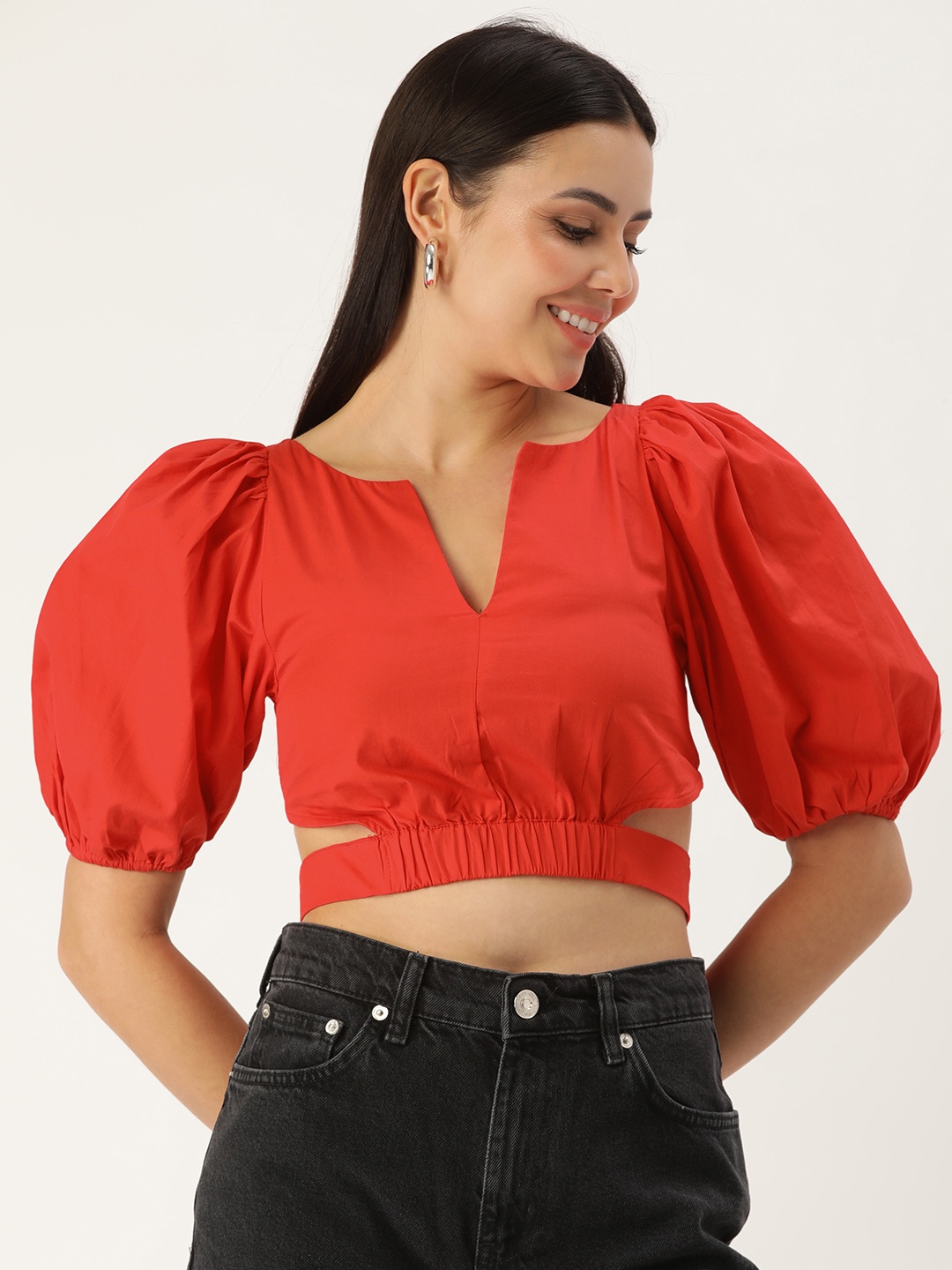 

FOREVER 21 Women Red Solid Cinched Waist Crop Top With Waist Tie-Ups