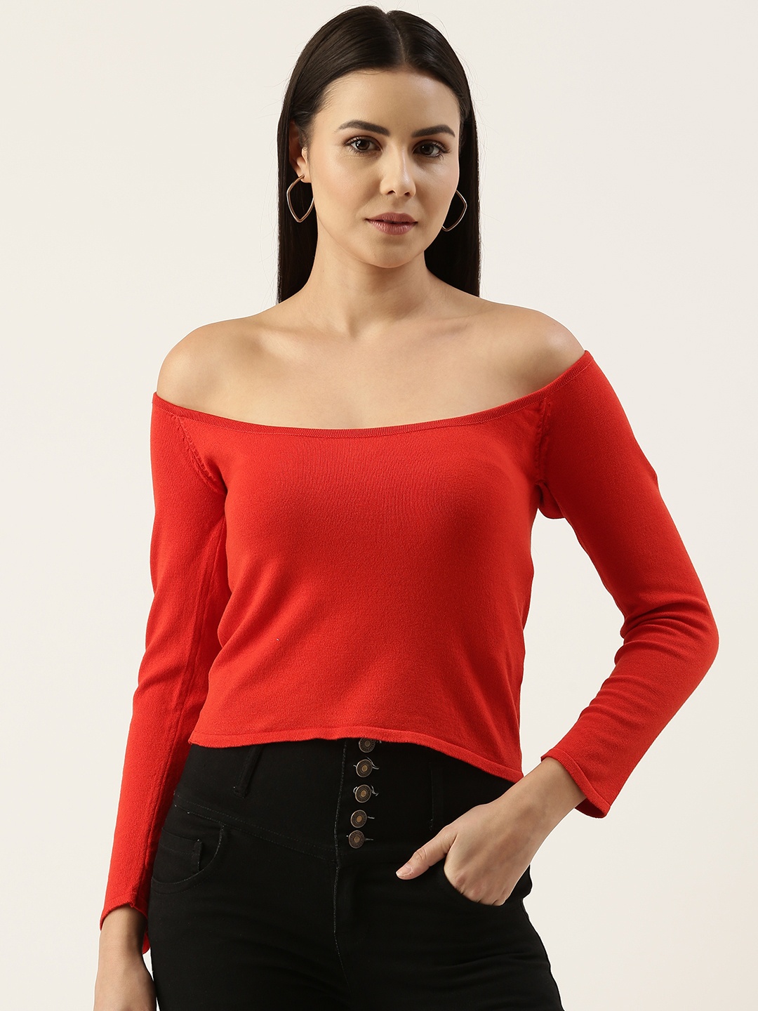 

FOREVER 21 Women Red Solid Off-Shoulder Casual Blouson Top