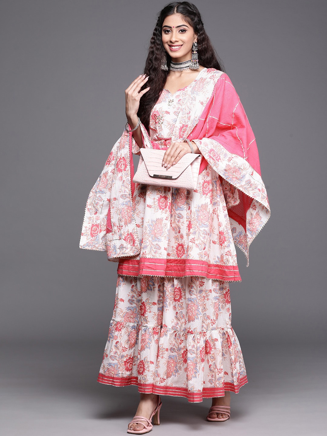 

KSUT Women Pink Floral Printed Pleated Gotta Patti Pure Cotton Kurta with Sharara & With Dupatta