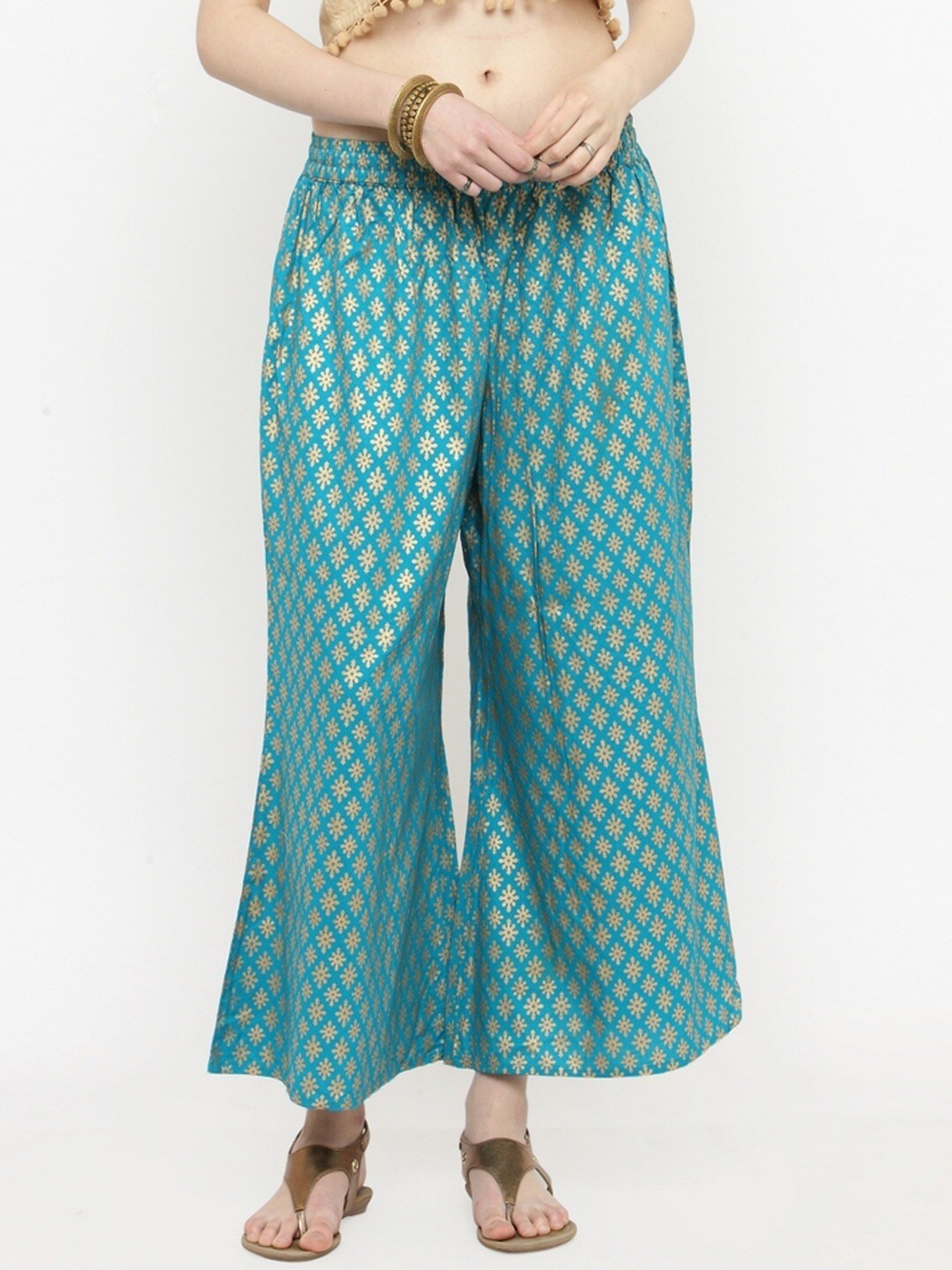 

Varanga Women Teal & Gold-Toned Ethnic Motifs Printed Ethnic Palazzos