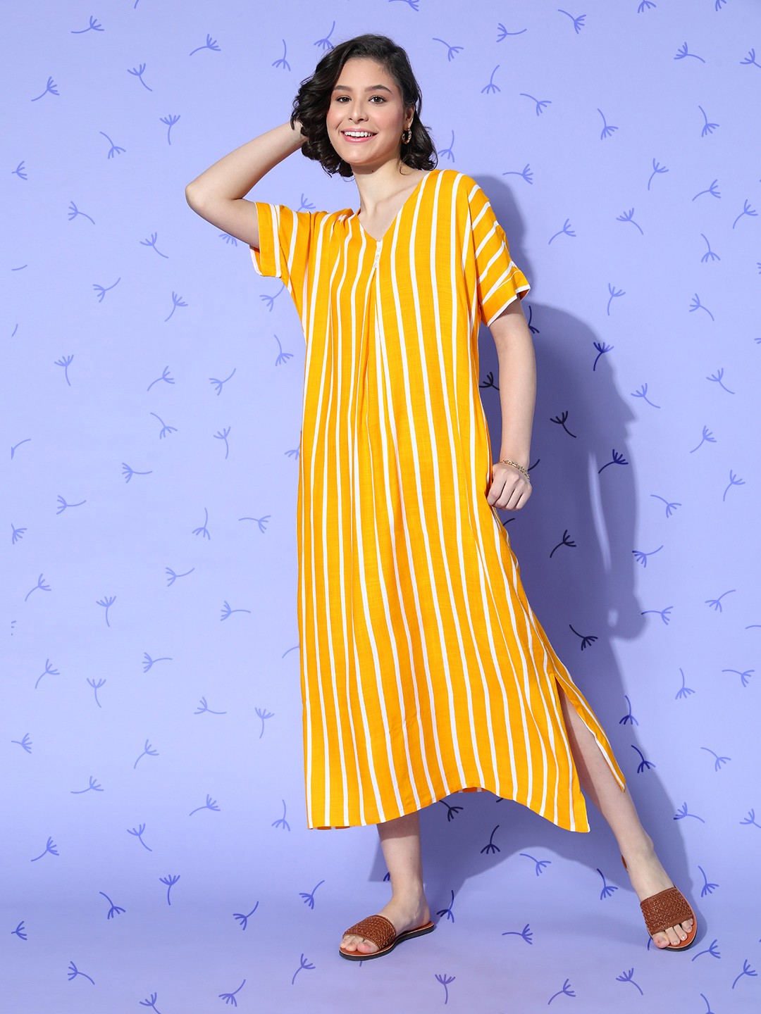 

MBeautiful Mustard Regular Striped Linen Edit Nightdress