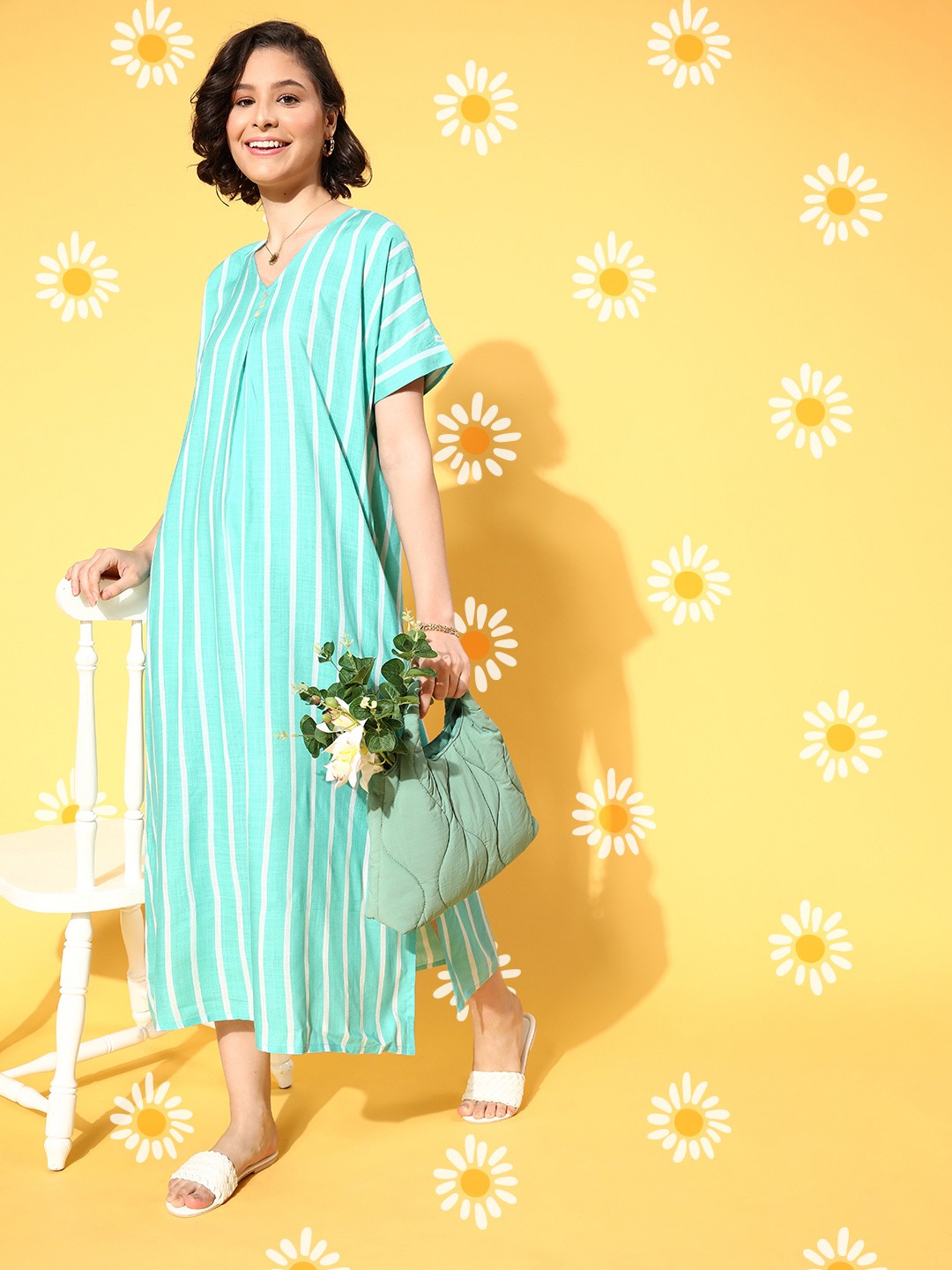 

MBeautiful Sea Green Regular Striped Linen Edit Nightdress
