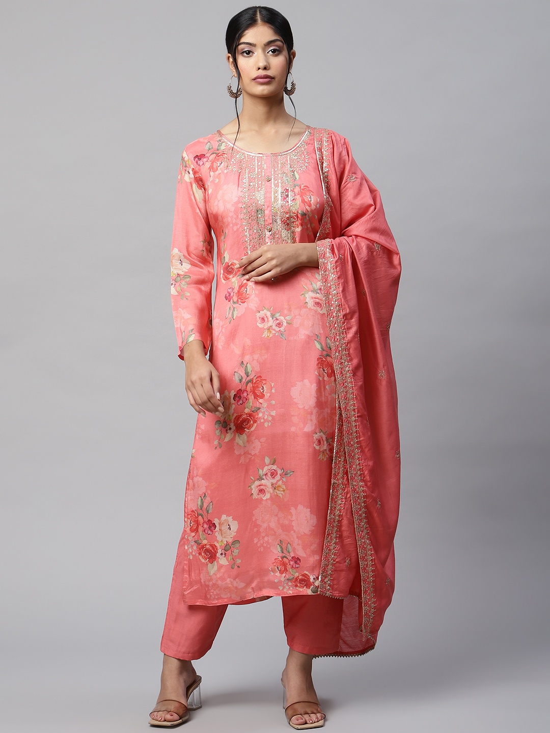 

Readiprint Fashions Women Pink & Green Floral Printed Straight Kurta Palazzos Dupatta