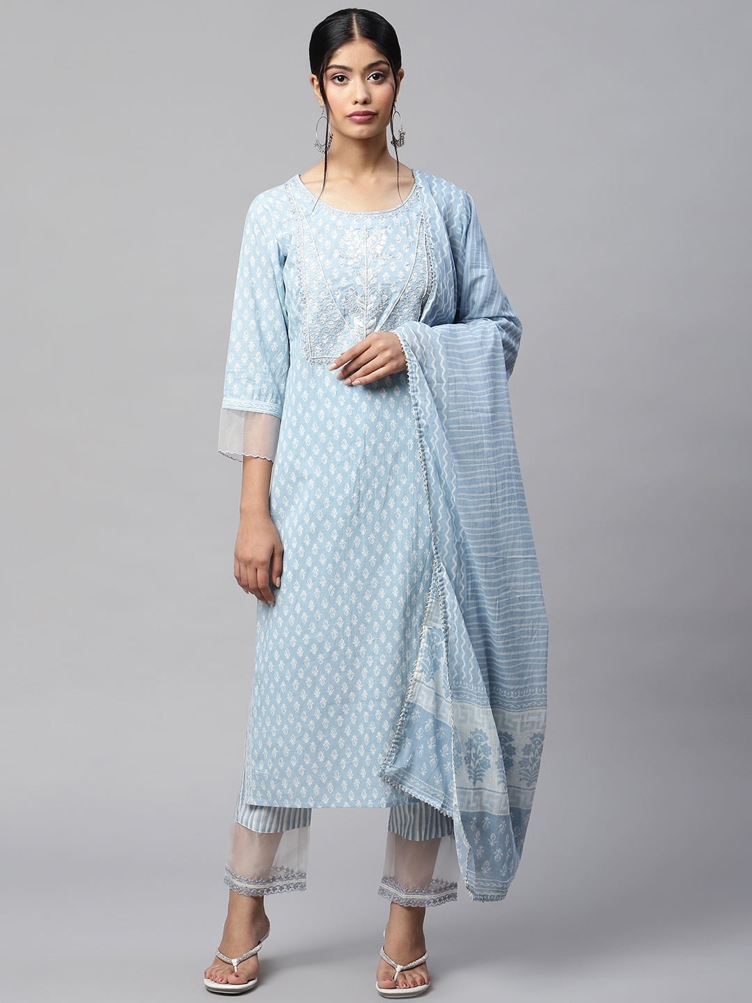 

Readiprint Fashions Women Blue Embroidered & Beaded Cotton Kurta with Palazzos & Dupatta