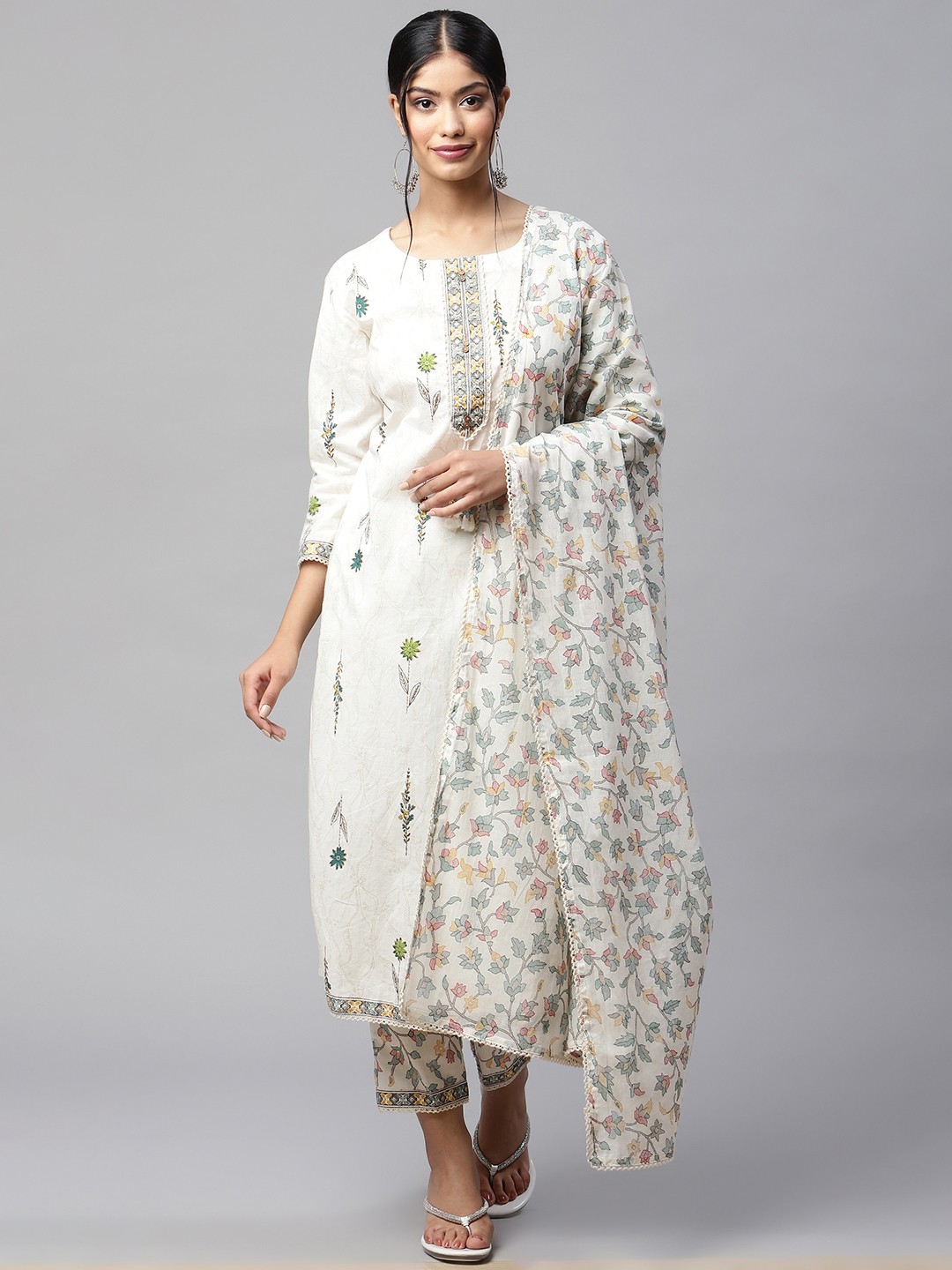 

Readiprint Fashions Women Off-White Ethnic Motifs Cotton Kurta with Trousers & Dupatta