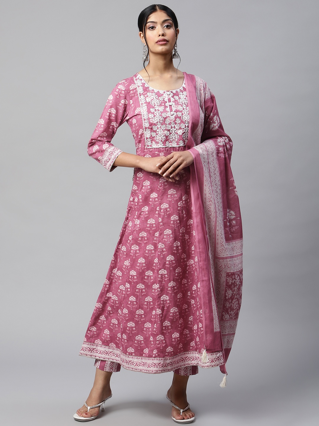 

Readiprint Women Mauve Floral Embroidered Cotton Kurta with Trousers & Dupatta