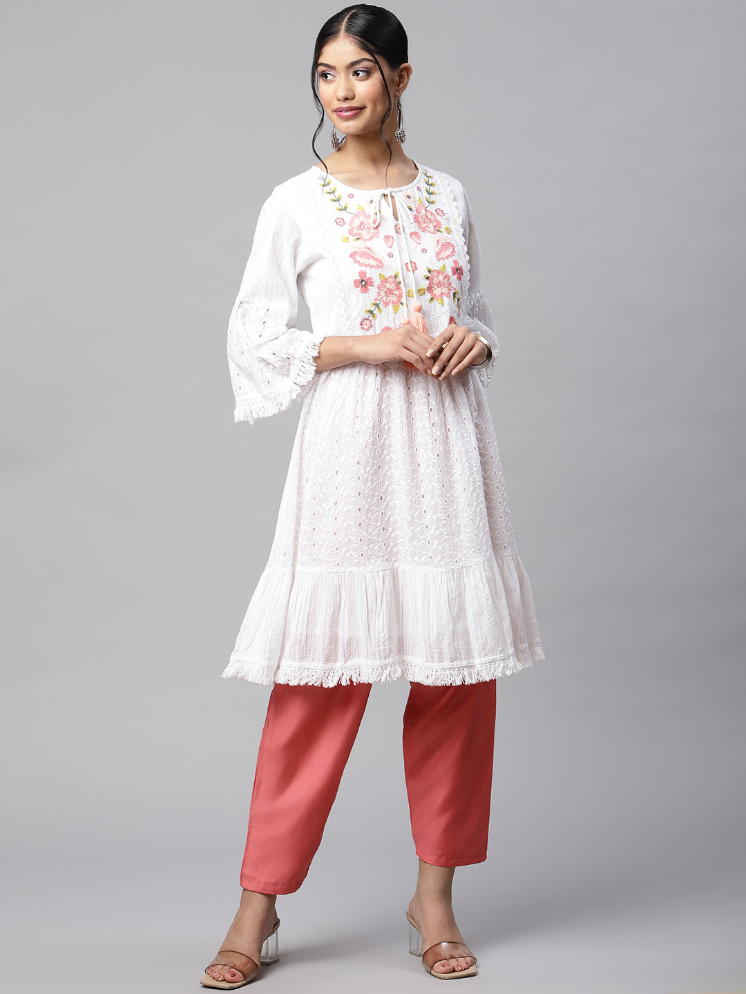

Readiprint Fashions Women White Ethnic Schiffli Embroidered Bell Sleeves Cotton Kurta