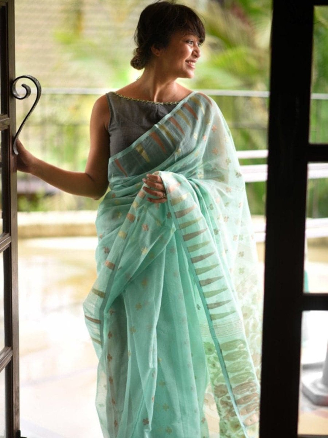 

Suta Women Grey Hand Embroidered Cotton Saree Blouse