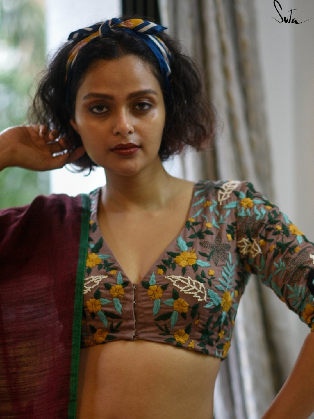 

Suta Women Brown & Yellow Hand Embroidered Readymade Saree Blouse