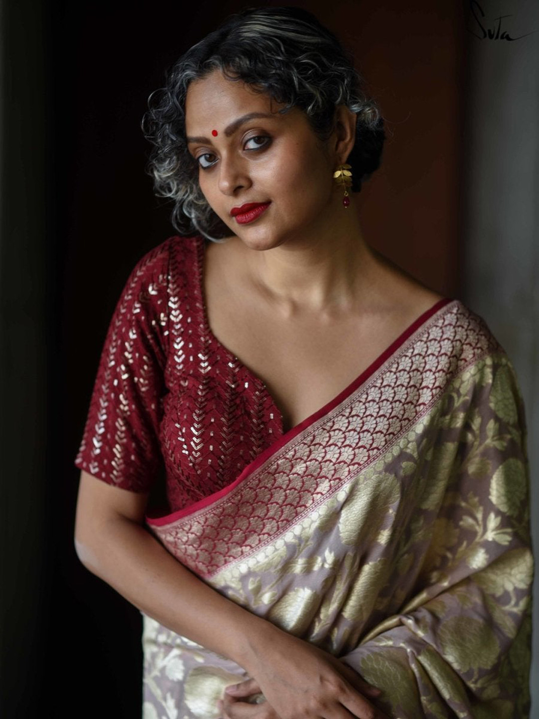 

Suta Women Maroon & Silver-Coloured Embellished Saree Blouse