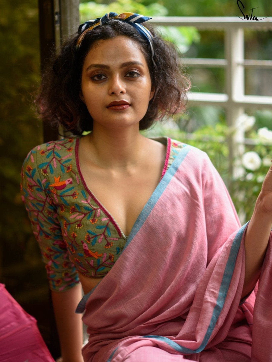 

Suta Women Green & Pink Cotton Satin Embroidered Blouse