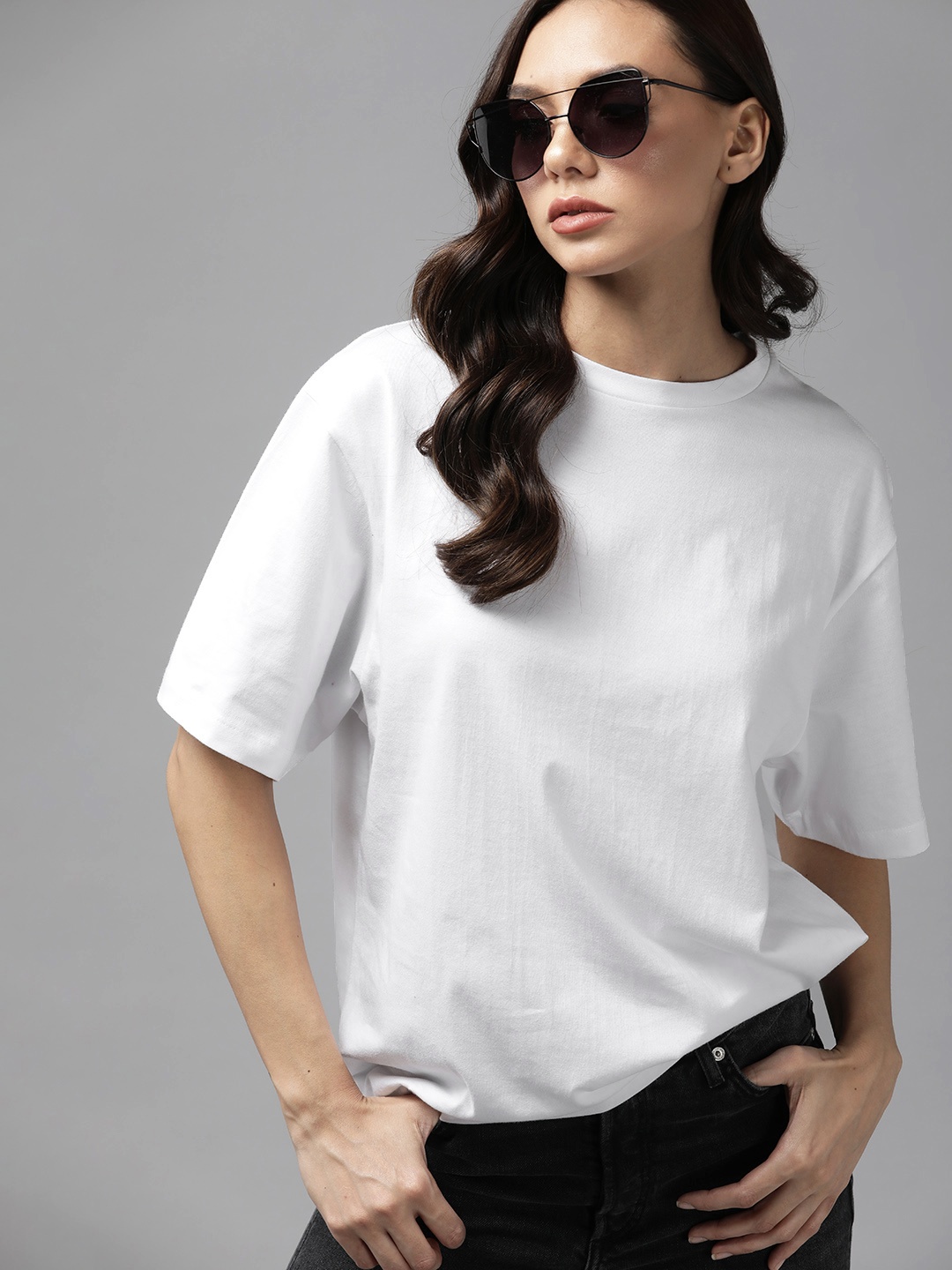 

Roadster Women White Solid Pure Cotton Drop-Shoulder Sleeves Boxy T-shirt