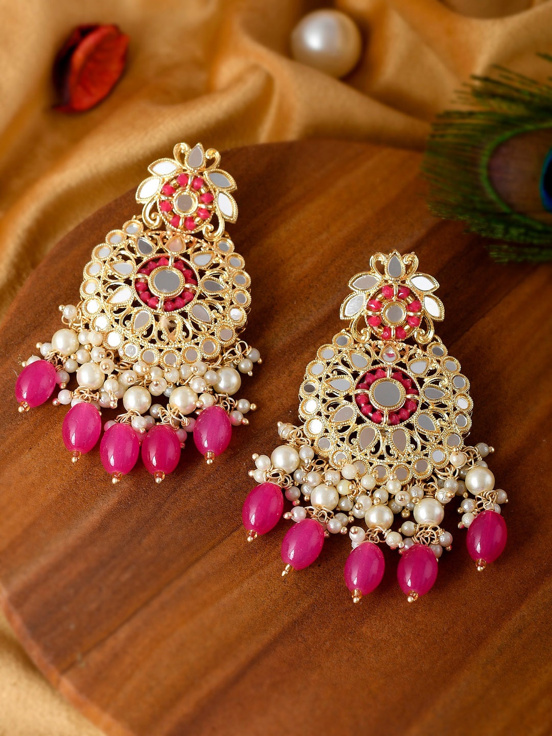 

Shoshaa Gold-Plated Magenta Contemporary Beaded Chandbalis Earrings