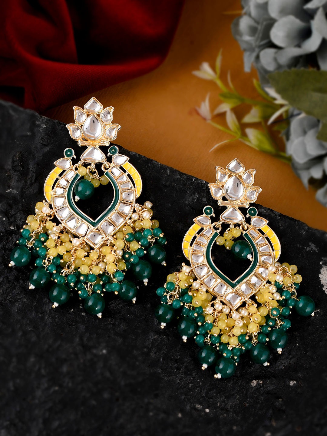 

Shoshaa Gold-Plated Green & Yellow Kundan-Studded Drop Earrings