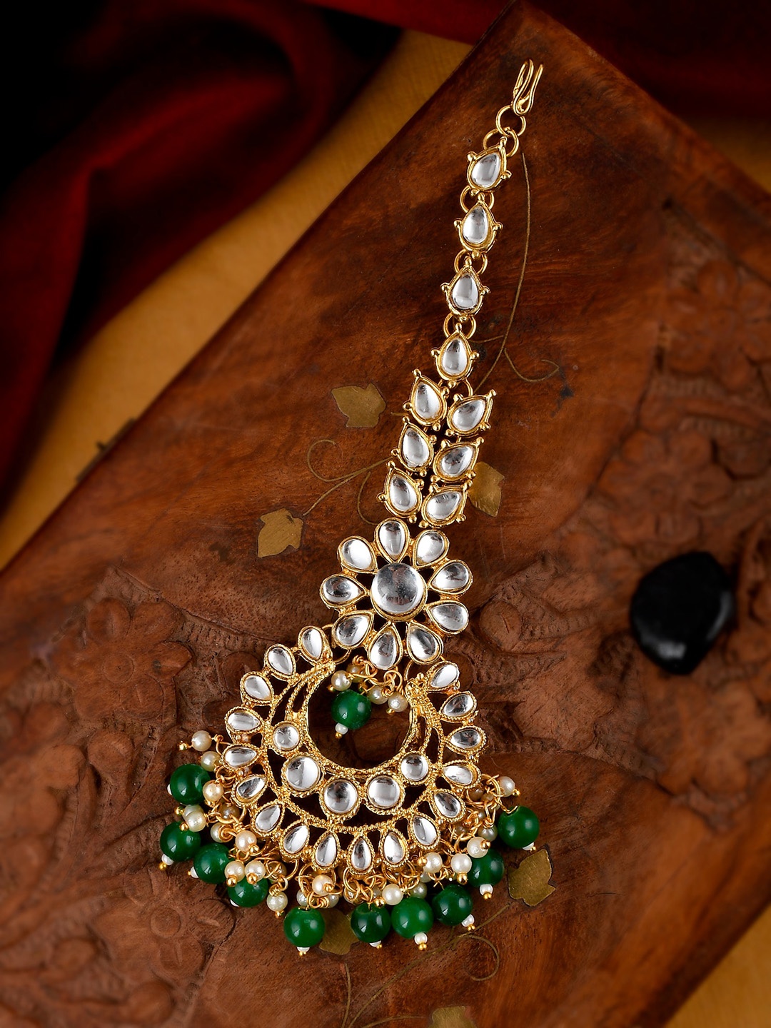 

Shoshaa Gold-Plated Green & White Kundan-Studded & Pearl-Beaded Maang Tikka