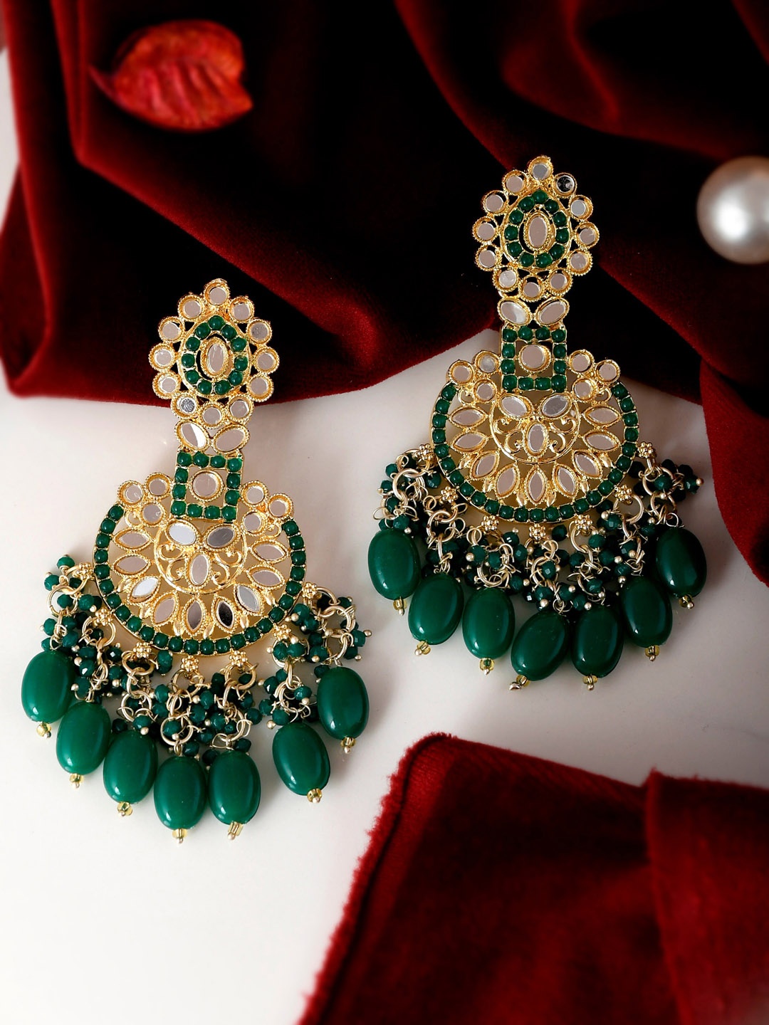 

Shoshaa Gold-Plated Green Studded Chandbalis Earrings