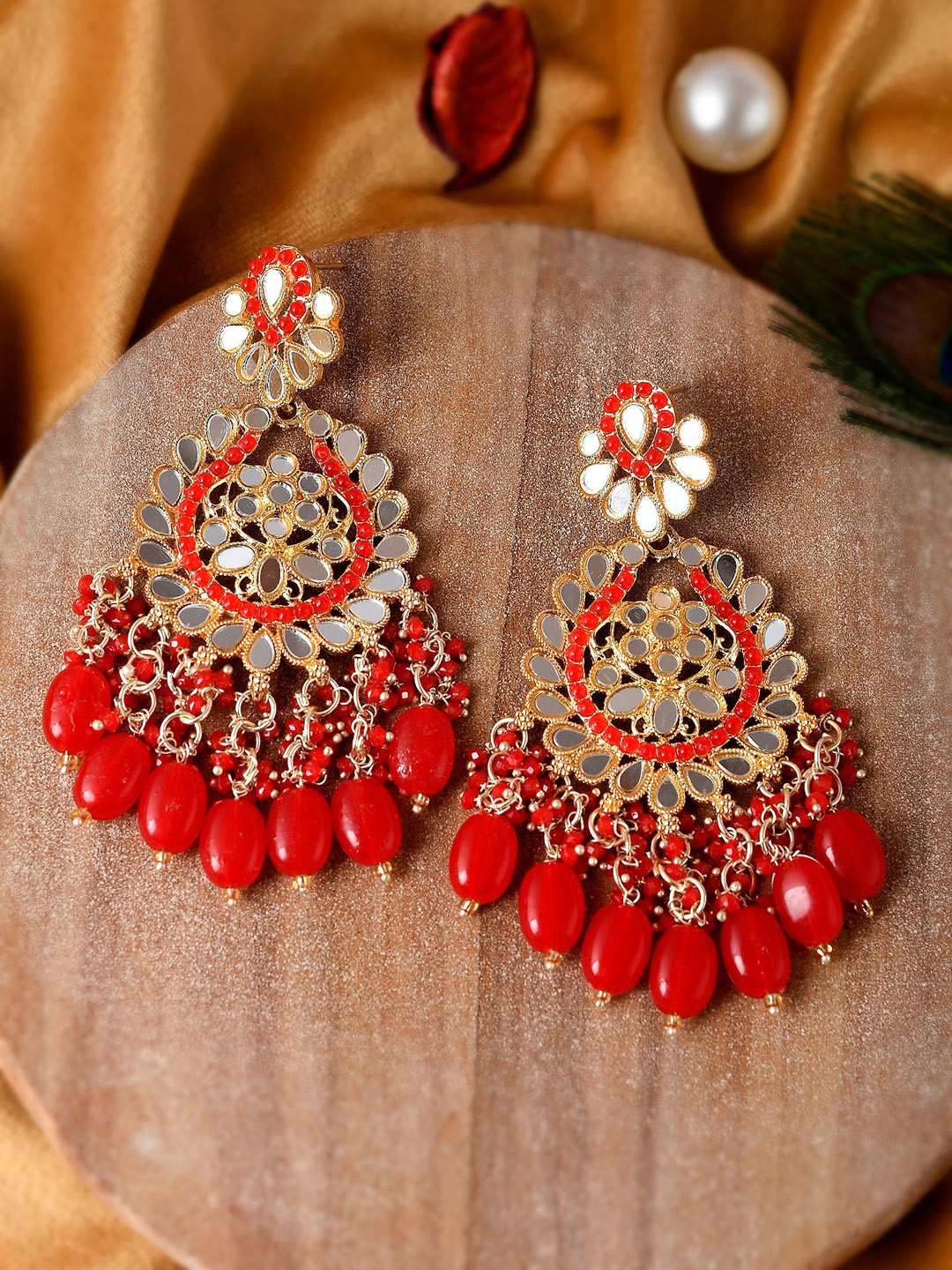 

Shoshaa Gold-Plated Red Handcrafted Stones Mirror Work Drop Earrings
