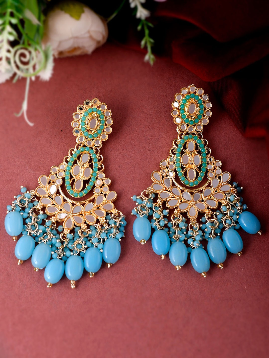 

Shoshaa Gold-Plated Turquoise Blue Handcrafted Mirror work Drop Earrings