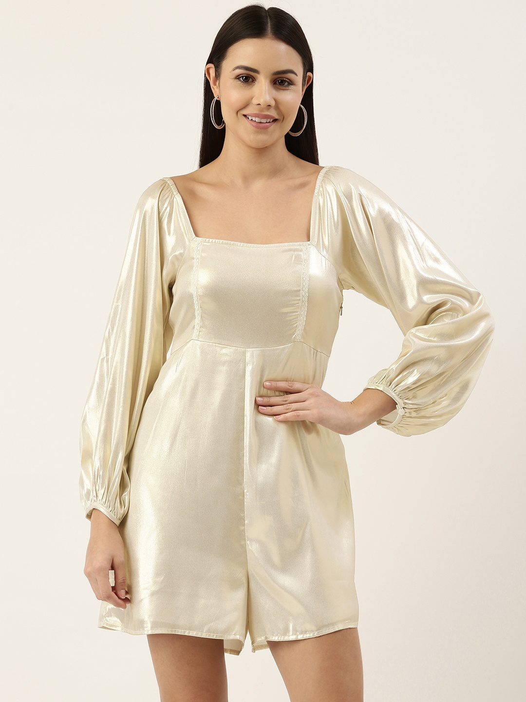 

FOREVER 21 Women Beige Solid Satin Long Sleeves Basic Jumpsuit