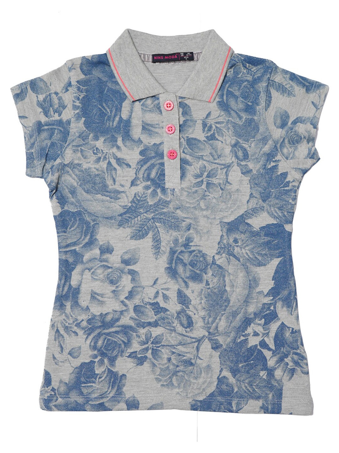 

Nins Moda Girls Grey Floral Printed Polo Collar T-shirt