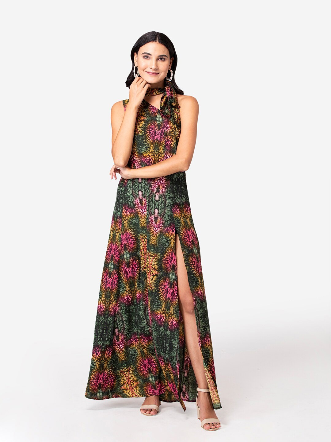

YEROS Green & Pink Floral Tie-Up Neck Crepe Maxi Dress