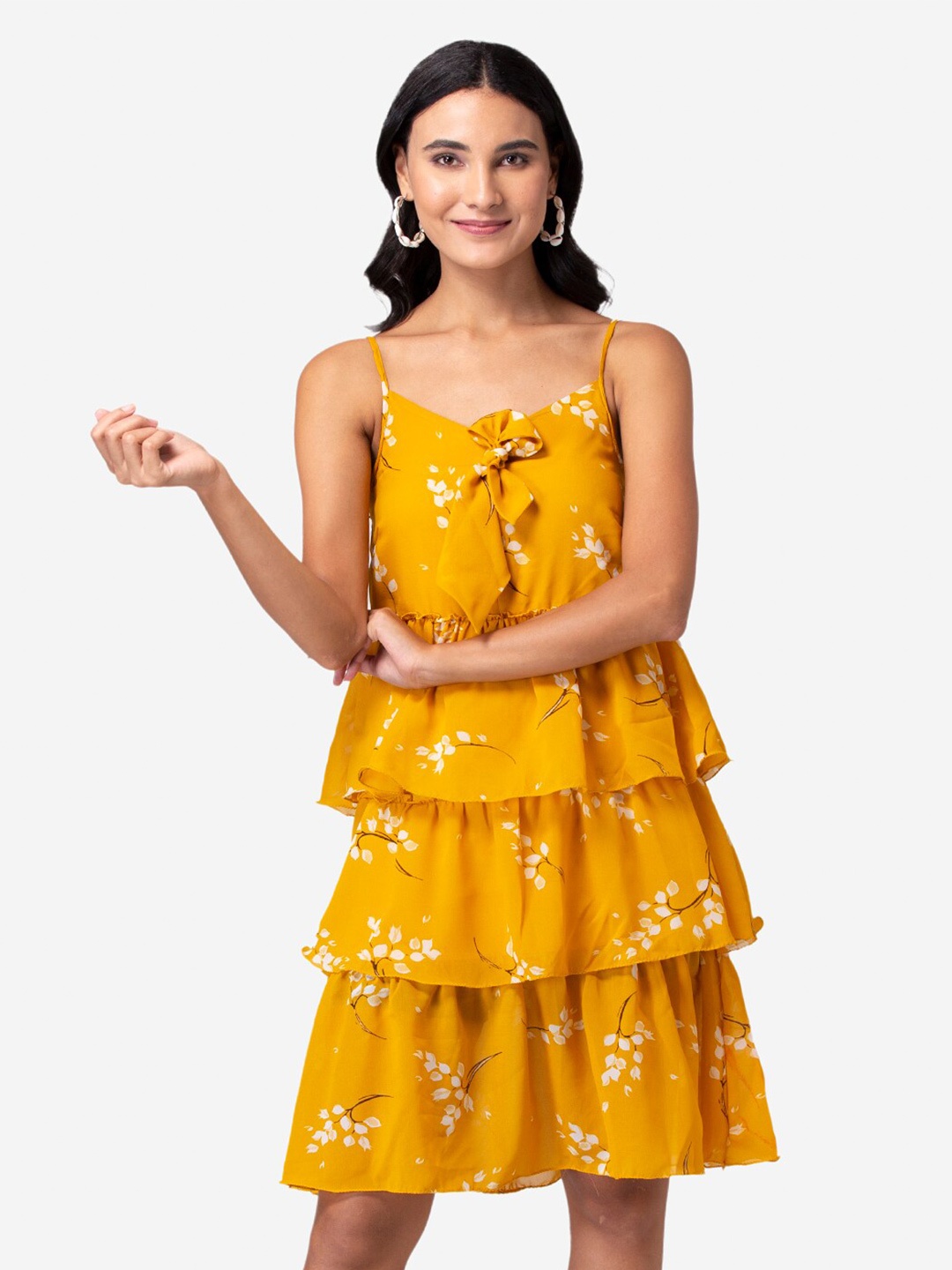

YEROS Yellow Floral Layered Georgette Dress