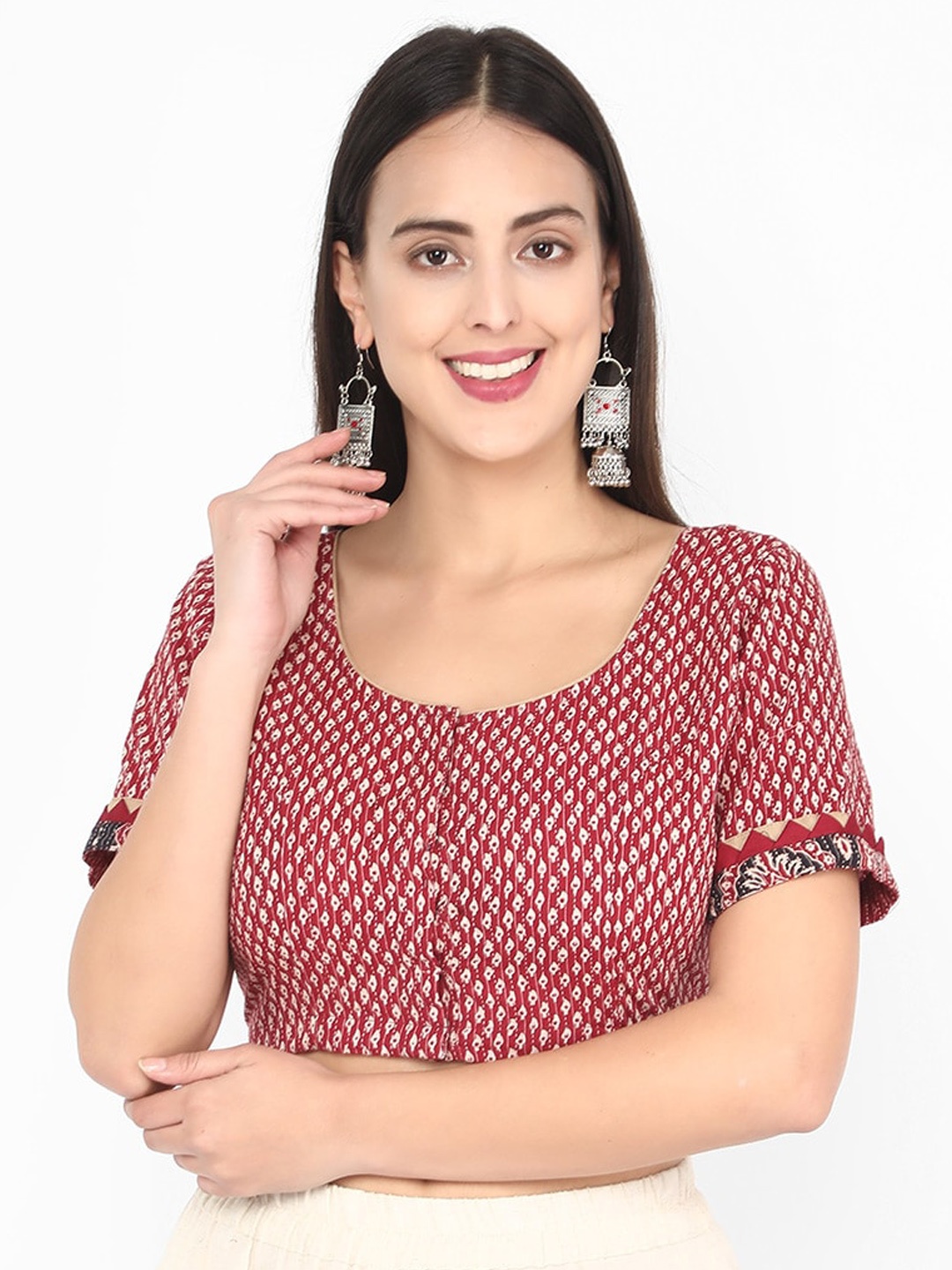 

Molcha Women Maroon Ajrak Printed Cotton Saree Blouse