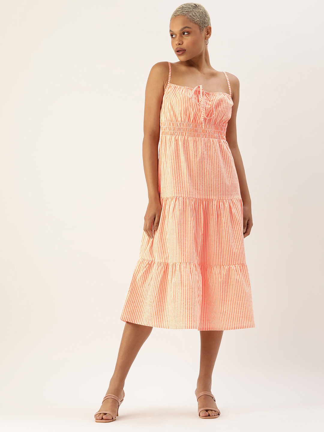 

FOREVER 21 Orange & Off White Striped Keyhole Neck A-Line Maxi Dress